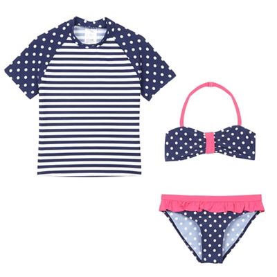 bluezoo Girls' navy and white striped and polka dot print three piece swim set